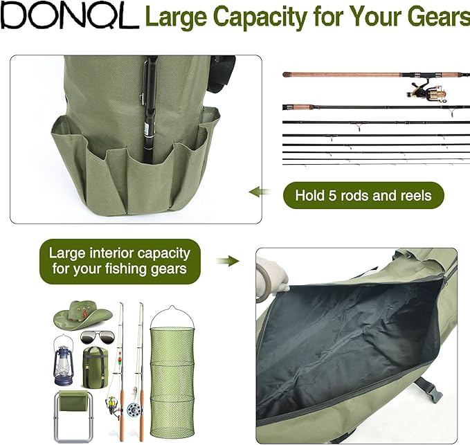 DONQL Fishing Rod Bags - Outdoor Pole Holders, Multifunction Camping Portable Canvas Backpack Case - Fish Rod Storage Bag Holding 5 Poles & Tackles (Dark Green)