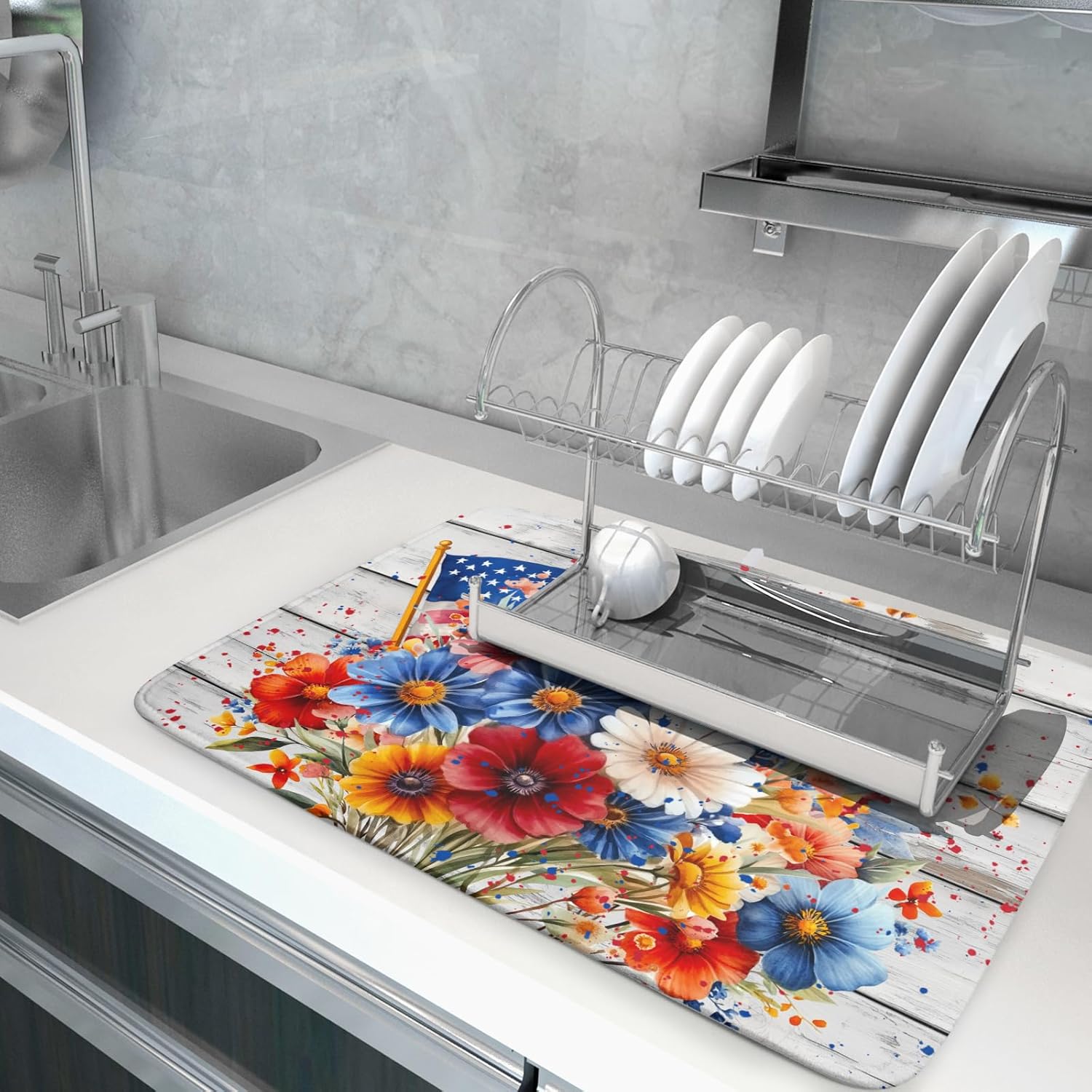 4th of July Dish Drying Mat 18x24 inch Patriotic Floral Fast Dry Microfiber Reversible Dish Drainer Rack Pad Kitchen Counter Accessories