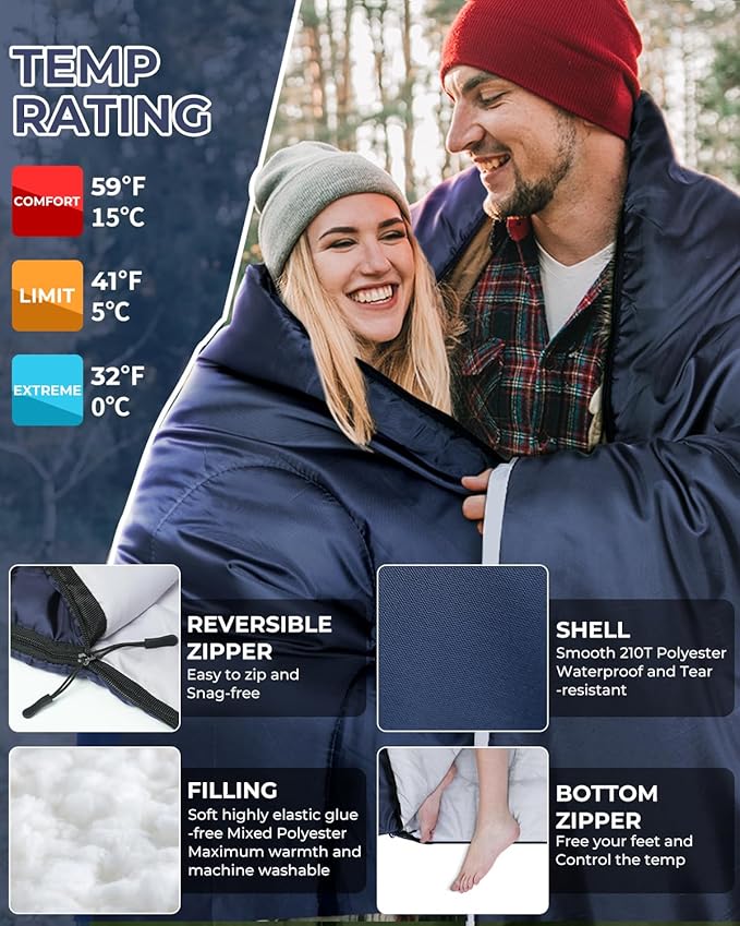 Ohuhu Double Sleeping Bag for Adults with 2 Pillows, Queen Size Two Person Sleeping Bag for Camping Hiking Backpacking 2 Person Sleeping Bags for Cold Weather & Warm