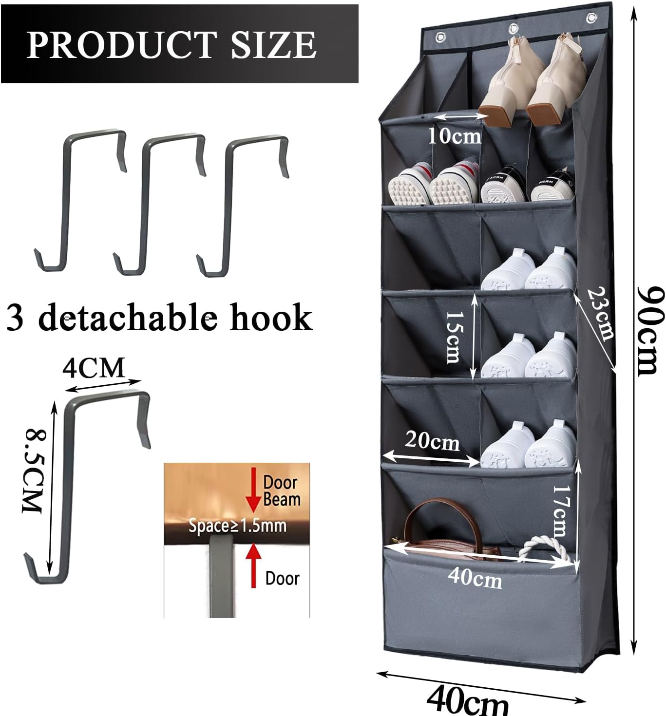 Over the Door Shoe Organizer, Grey 16 Pockets Hanging Shoe Storage Rack with Large Deep Pockets, Oxford 600D Fabric Shoe Storage Rack with 6 hook for Shoes, Home Accessories etc (Grey, 1-Grid)