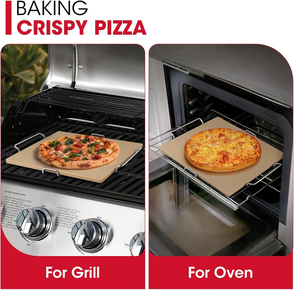 Unicook Pizza Stone for Oven and Grill, 16 x 14 Inch Rectangular Baking Stone for Bread, Cordierite Pizza Pan for Baking Crispy Bread and Cookies, Includes Carry Rack and Dough Scraper