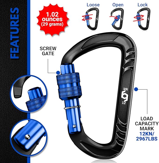 12kN (2697 lbs) Heavy Duty, Locking, Auto Locking, Wiregate Carabiner Clips, for Securing Pets, Outdoor, Camping, Hiking, Hammock, Dog Leash Harness, Keychains