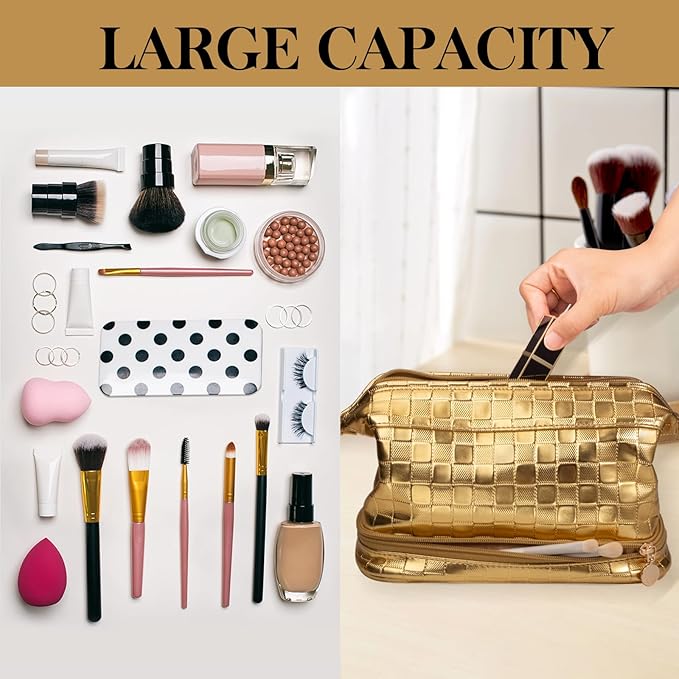 Abiudeng Large Capacity Makeup Bag Ladies Cosmetic Bag Travel Bag with Compartments Portable PU Leather Travel Makeup Bag with Handle