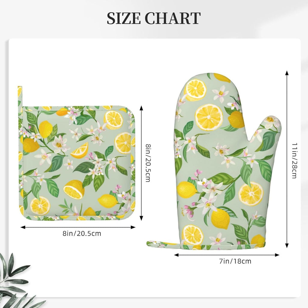 Lemon Oven Mitts Pot Holders Set Silicone Lemon Paper Yellow Citrus Fruit Lemons Kitchen Oven Mitts Heat Resistant Potholders Non-Slip 4pcs Hot Pads and Oven Gloves Sets for Baking,Grilling