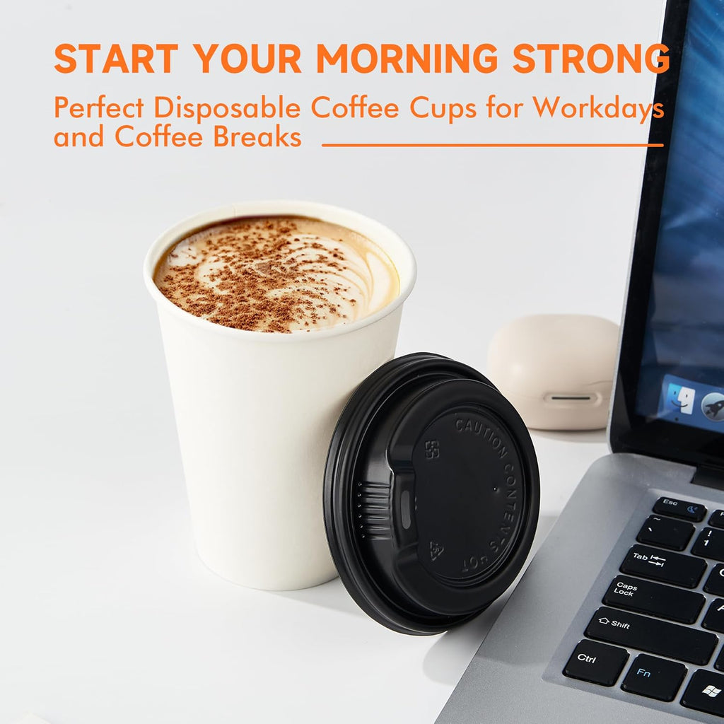 100 Pack 12 oz Disposable Coffee Cups with Lids, Paper Coffee Cups for Hot/Cold Drinks, Leak-Proof To Go Cups for Home, Cafes, Events and Office