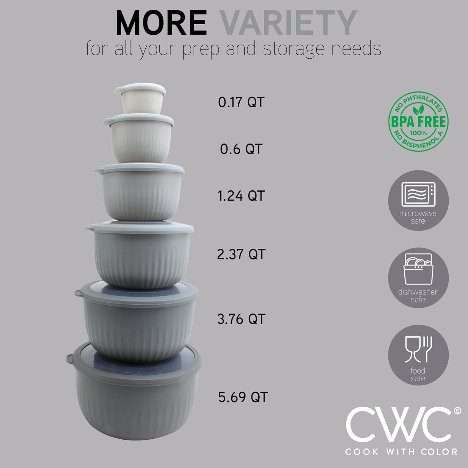 COOK WITH COLOR Prep Bowls with Lids- Wide and Deep Nesting Plastic Small Mixing Bowl Set with Lids, 12 Piece Set - Deep Bowls, Gray