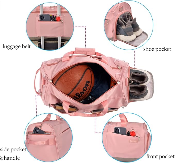 Kuston Sports Gym Bag with Shoes Compartment &Wet Pocket Gym Duffel Bag Overnight Bag for Men and Women-Pink