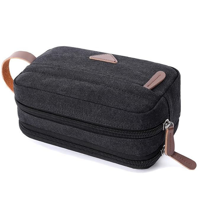 Mactso Mens Travel Toiletry Bag Canvas Leather Cosmetic Makeup Organizer Shaving Dopp Kits with Double Compartments (Black)