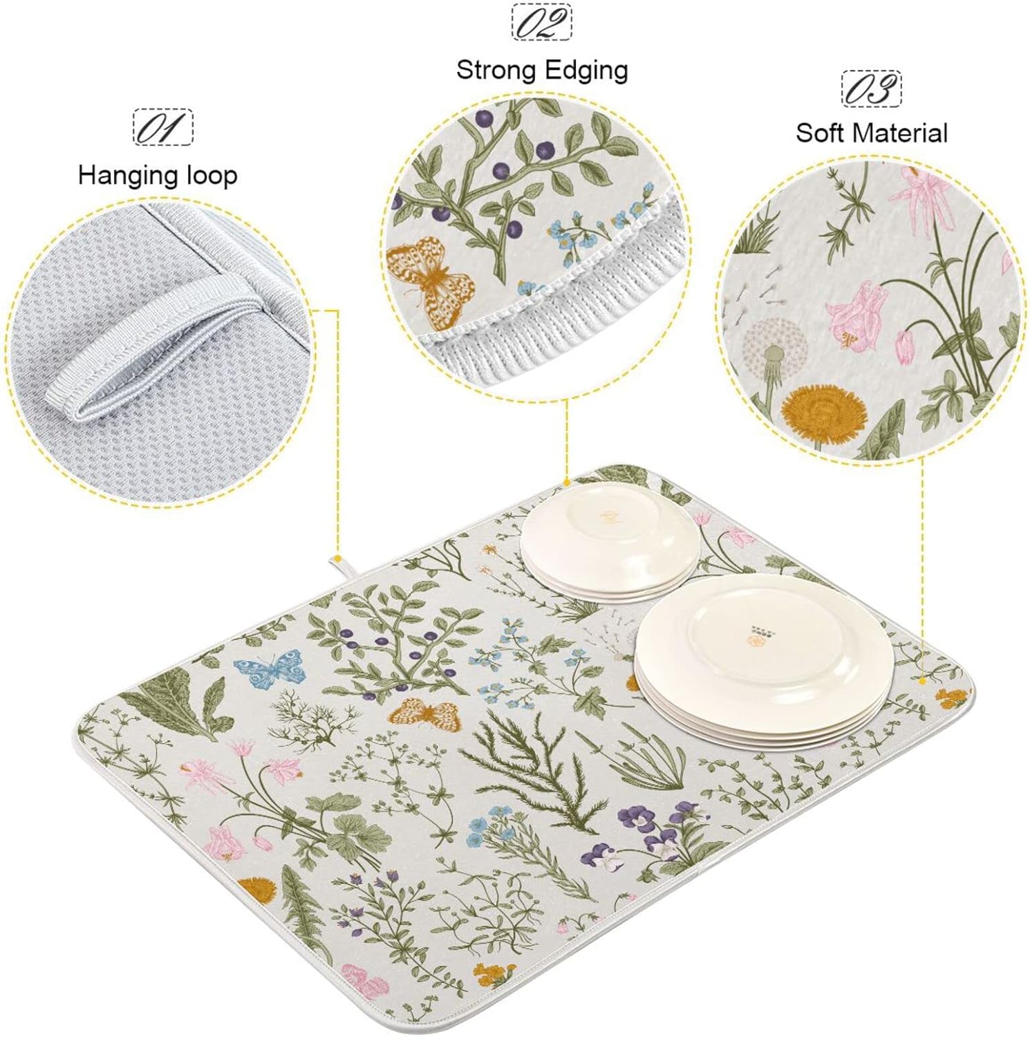 Herbs Flowers Botanical Butterfly Dish Drying Mat for Kitchen Counter Absorbent Microfiber Drying Pad, Large 18x24 in, Reversible Drainer Mats