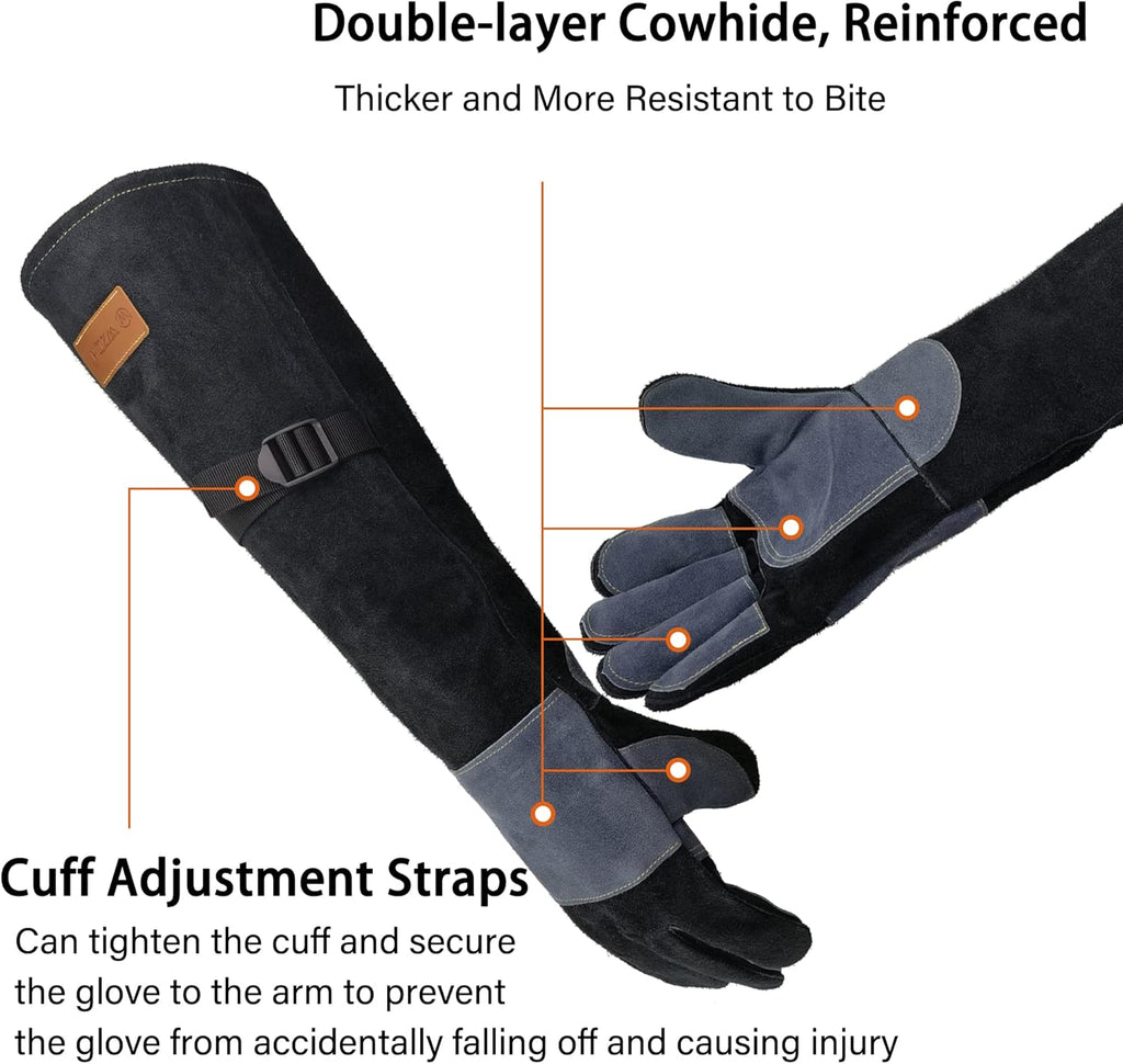 21.3 In Leather Welding Gloves for Animal Handling,Grabbing Reptile, Grooming,Trips to Vet,BBQ,Fireplace.Puncture & Scratch Resistant, Bite Proof for Cat Dog Bird Falcon Livestock Snake M Black