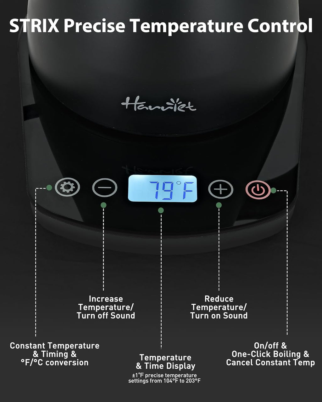Harriet Gooseneck Electric Kettle - 1200W Fast Heat, 0.8L Stainless Steel, Precision Temp Control & Timer, Wood Handle, Pour Over Coffee and Tea, Black