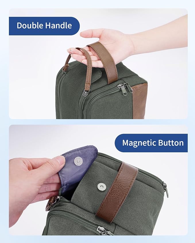 WANDF Toiletry Bag for Men Travel Toiletry Organizer Canvas and Leather Dopp Kit Water-Resistant Shaving Bag for Travel Accessories (Green, Patent Pending)