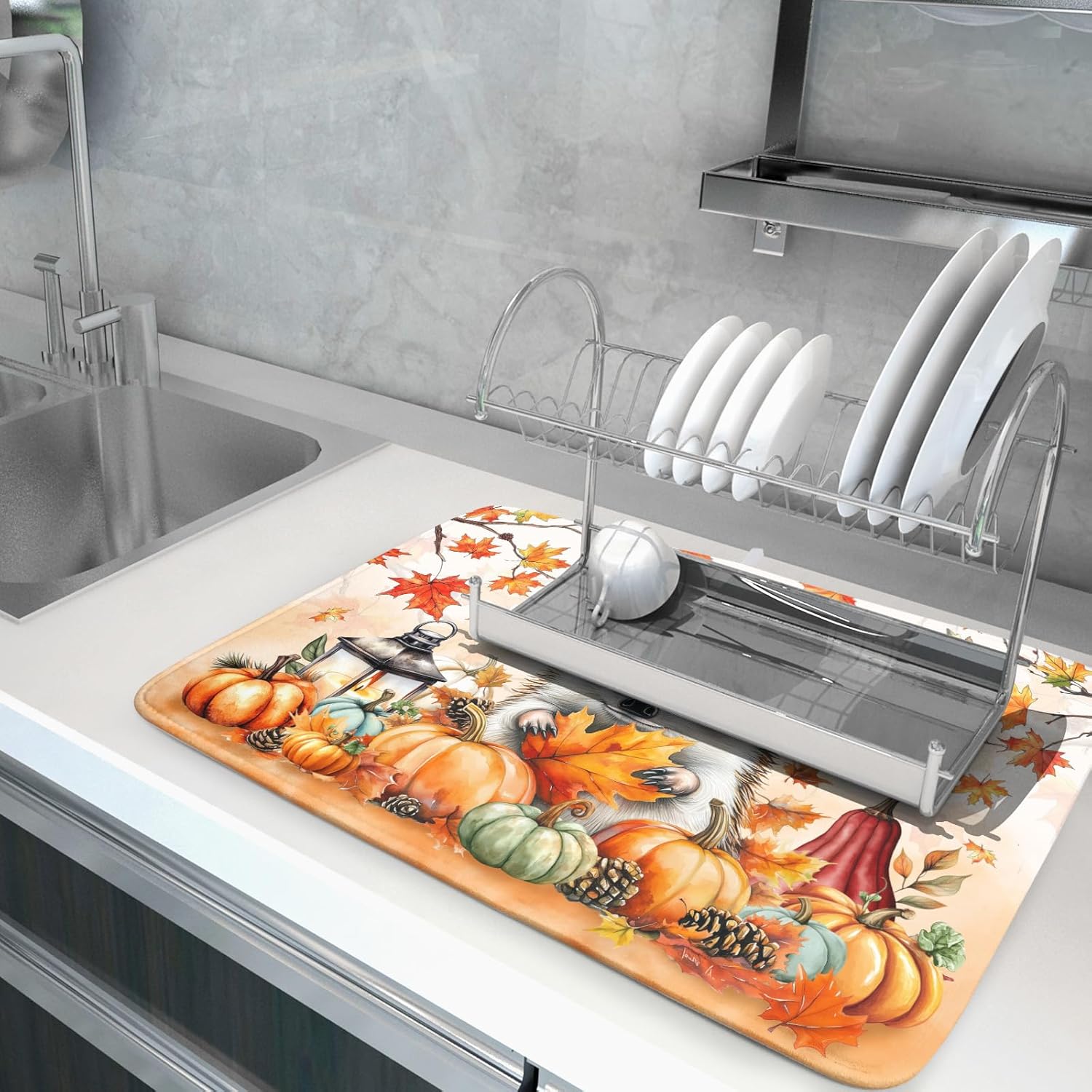 Happy Fall Dish Drying Mat - Large Absorbent Microfiber Drying Pad for Kitchen Counter 18 X 24 in Yellow