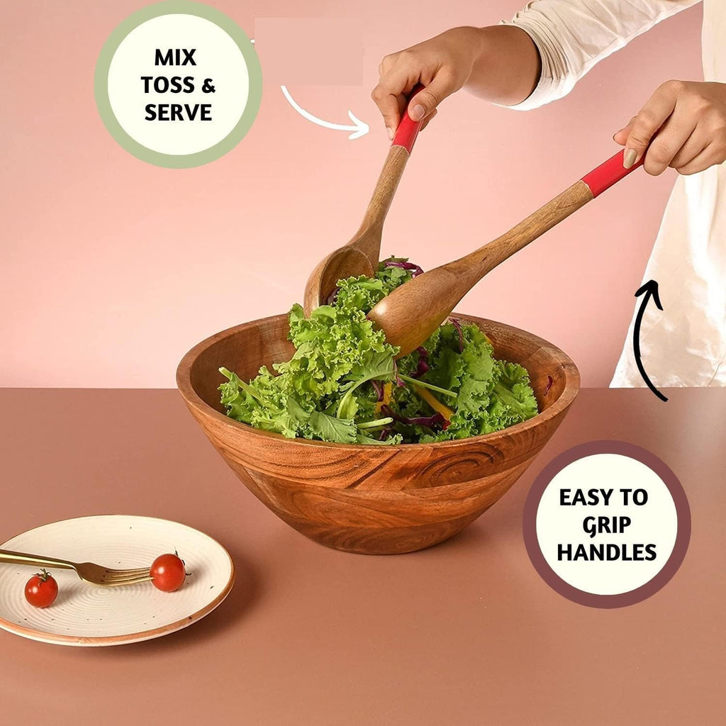 Folkulture Wooden Salad Serving Utensils or Salad Tongs, Salad Servers for Wooden Salad Bowl Set, Salad Tongs for Serving, Salad Hands for Kitchen Decor, 12-inch Spoon and Fork Set, Red