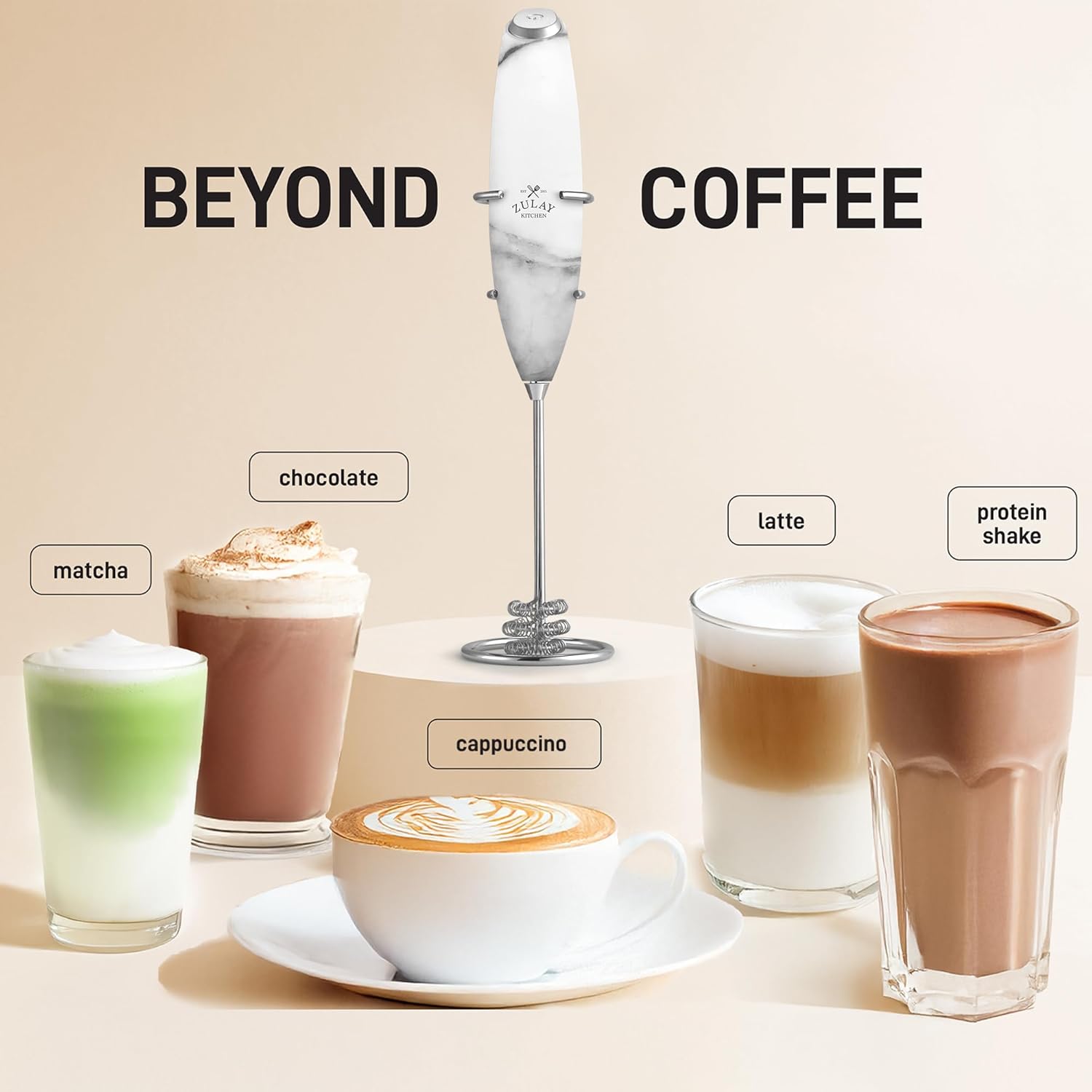 Zulay Kitchen Patented Tornado Triple Whisk Milk Frother with 4 Duracell Batteries – Handheld Foam Maker for Coffee, Lattes, Matcha & Hot Chocolate – Rich, Creamy Froth in Seconds