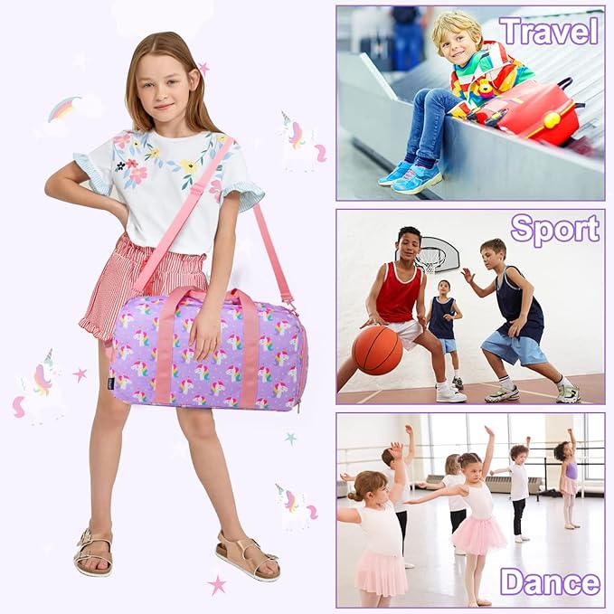 Dance Bag Girls, RAVUO Kids Duffle Bag Unicorn Overnight Travel Gym Bag with Shoe Compartments Sports Ballet Bag Teens Weekender Sleepover Carry On Bag