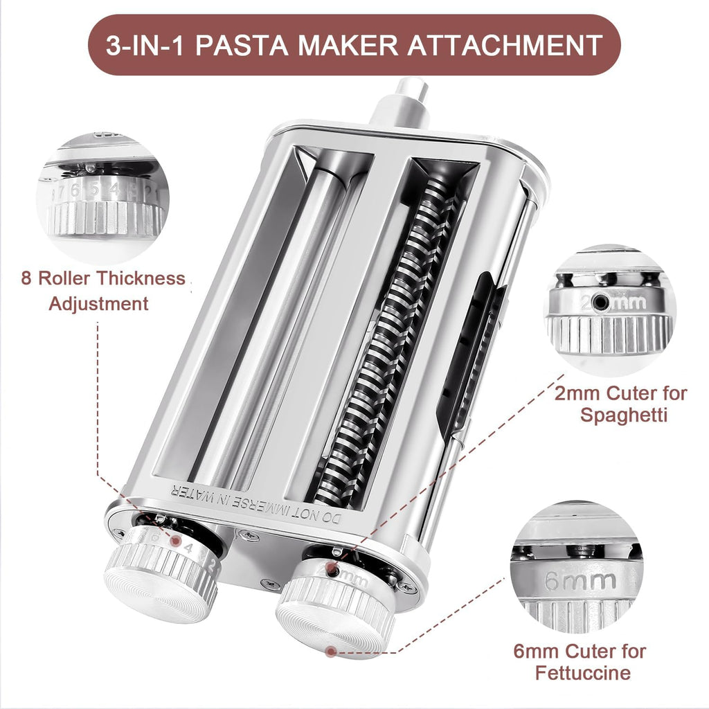 Pasta Maker for Kitchenaid Attachments, 3 in 1 Stainless Steel Pasta Attachment for Kitchenaid Stand Mixer, Included Pasta Roller, Spaghetti&Fettuccine Cutter, 1 Metal Knob Screw Replacement