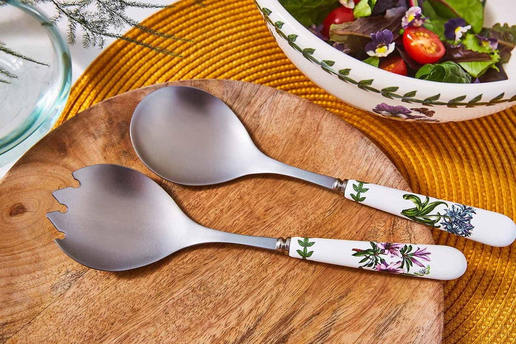 Portmeirion Botanic Garden 10" Salad Server (2-Piece) - Stainless Steel Blade with Porcelain Handle, Chip-Resistant Glaze, Floral Motif - Durable Tableware for Salad, Appetizers, Desserts