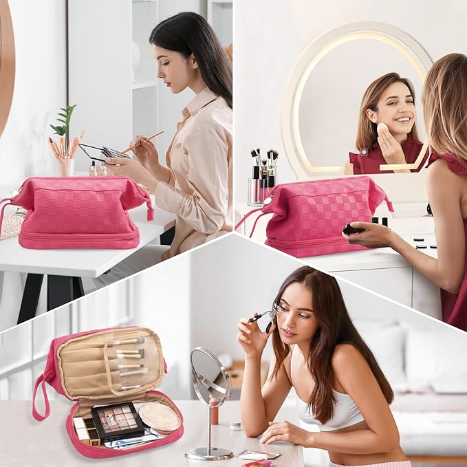 Abiudeng Large Capacity Makeup Bag Ladies Cosmetic Bag Travel Bag with Compartments Portable PU Leather Travel Makeup Bag with Handle