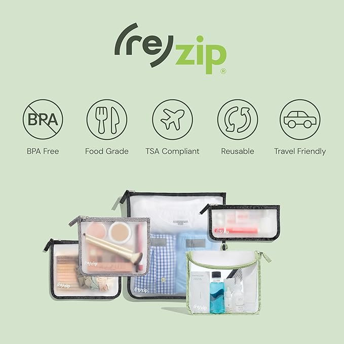 (re)zip Zippered TSA-Compliant Travel Quart Bag | Zippered, Reusable, Storage Bag for Toiletries, Makeup, Suitcase Organization | BPA-Free, Food Grade, Machine Washable (Clear, Gray Piping)