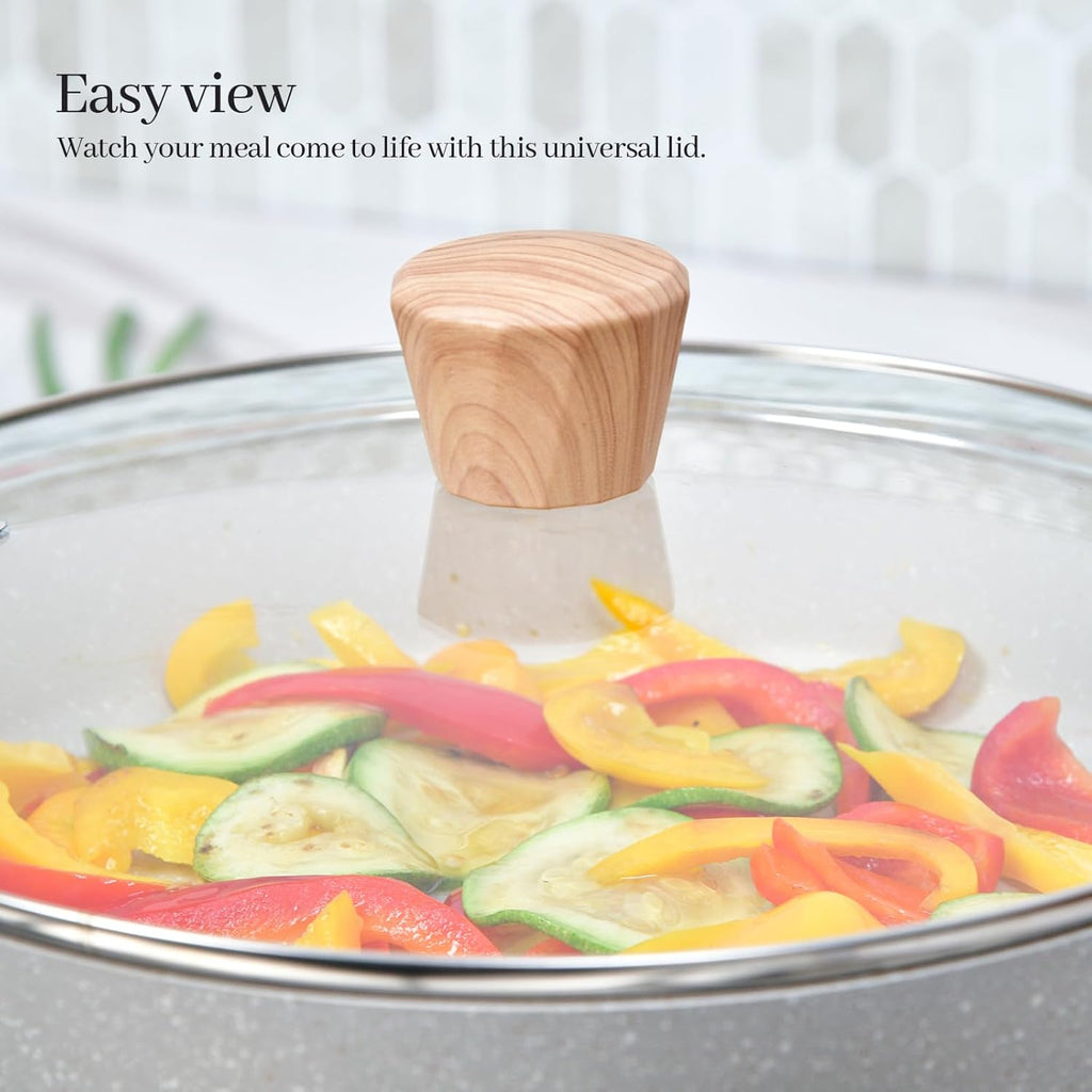 12 IN Glass Lid for Frying Pan and Pots, Tempered Replacement Cover with Wooden Handle Compatible for All Cookware for Skillets, Round Cast Iron, Cast Aluminium, Stainless Steel Pans & Pots