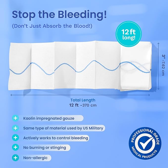 Advanced Kaolin Hemostatic Bandage – Sterile Z-Fold Clotting Gauze (3 in. x 12 ft) | Stops Bleeding Fast for Emergency, Trauma, First Aid, and Survival Kits (1-Pack)