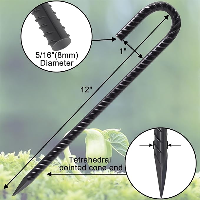 VVOKGO Rebar Stakes 12 Inch Heavy Duty J Hook 16 Pack, Galvanized Garden Tent Ground Stakes Steel Point End,Chain Link Fence Stakes for Dogs Digging Wire Fencing,Trampoline Stakes with Chisel,Black