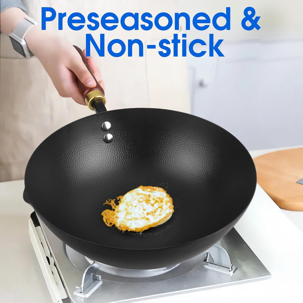 10 Inch Carbon Steel Wok For Electric, Induction and Gas Stoves (Lid and User Guide Video Included)