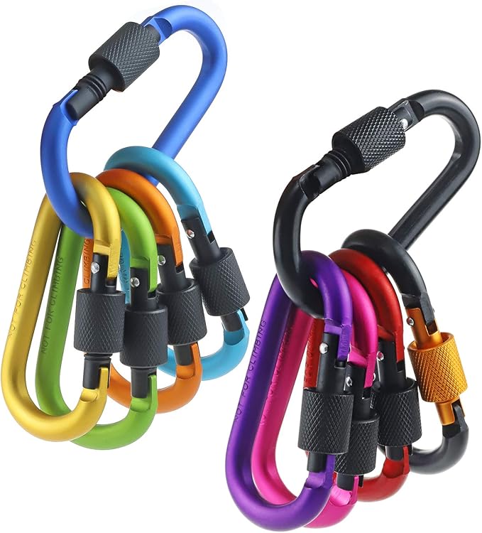 10 Pack Aluminum D Ring Key Rings Hiking Clips Locking Carabiner for Hiking Camping Fishing and Outdoor Use，Clips with Screw Gate Multicolored