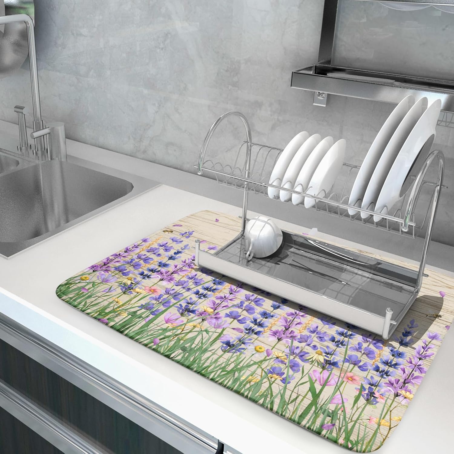 Lavender Floral Dish Drying Mat 18x24 inch Spring Summer Flower Decorative Fast Dry Dishes Drainer Mats Reversible Washable Dish Rack Pad