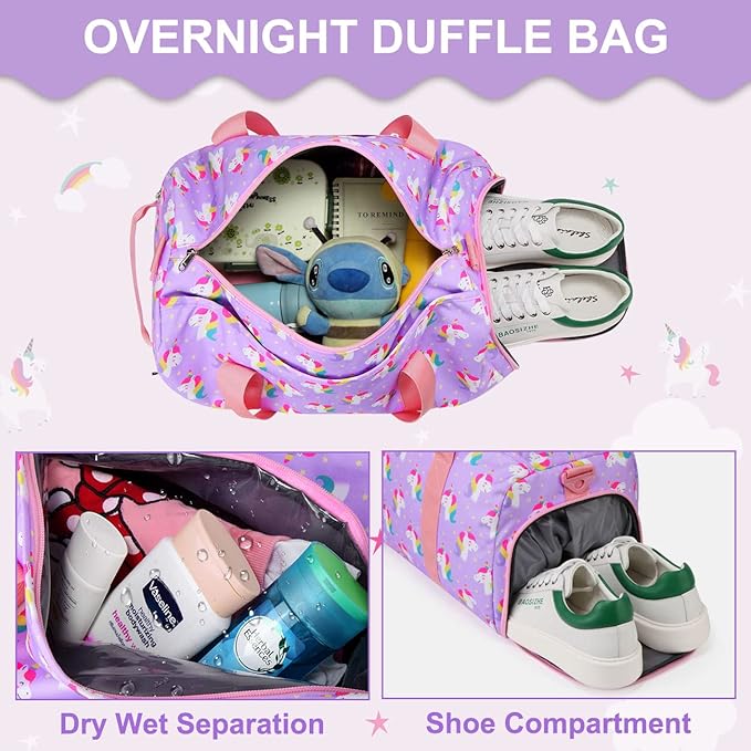 Dance Bag Girls, RAVUO Kids Duffle Bag Unicorn Overnight Travel Gym Bag with Shoe Compartments Sports Ballet Bag Teens Weekender Sleepover Carry On Bag
