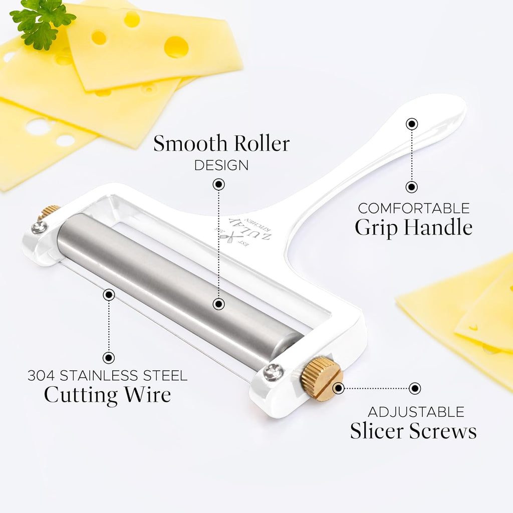 Zulay Kitchen Stainless Steel Wire Cheese Slicer - Adjustable Hand Held Cheese Cutter with 2 Extra Wires - Premium Cheese Shaver For Mozzarella, Cheddar, Gruyere - Cheese Cutter with Wire (White)