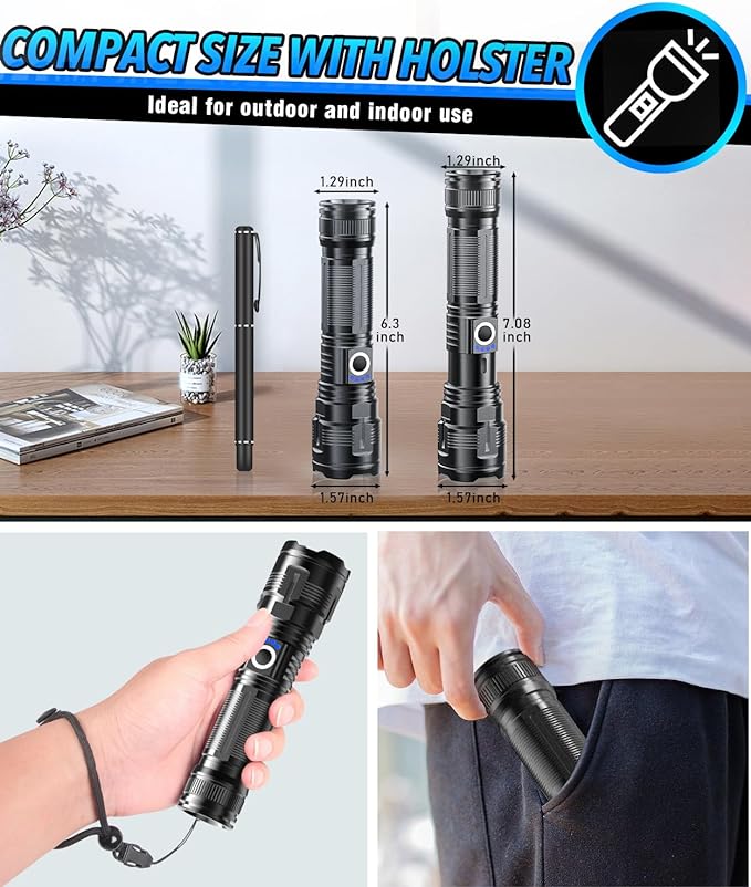 Flashlights High Lumens Rechargeable USB C Flash Light, Super Bright LED Flashlight with 10,000 Lumens, Long Beam 3280Ft, IPX5 Waterproof Tactical Flashlight Powerful for Emergency, Camping