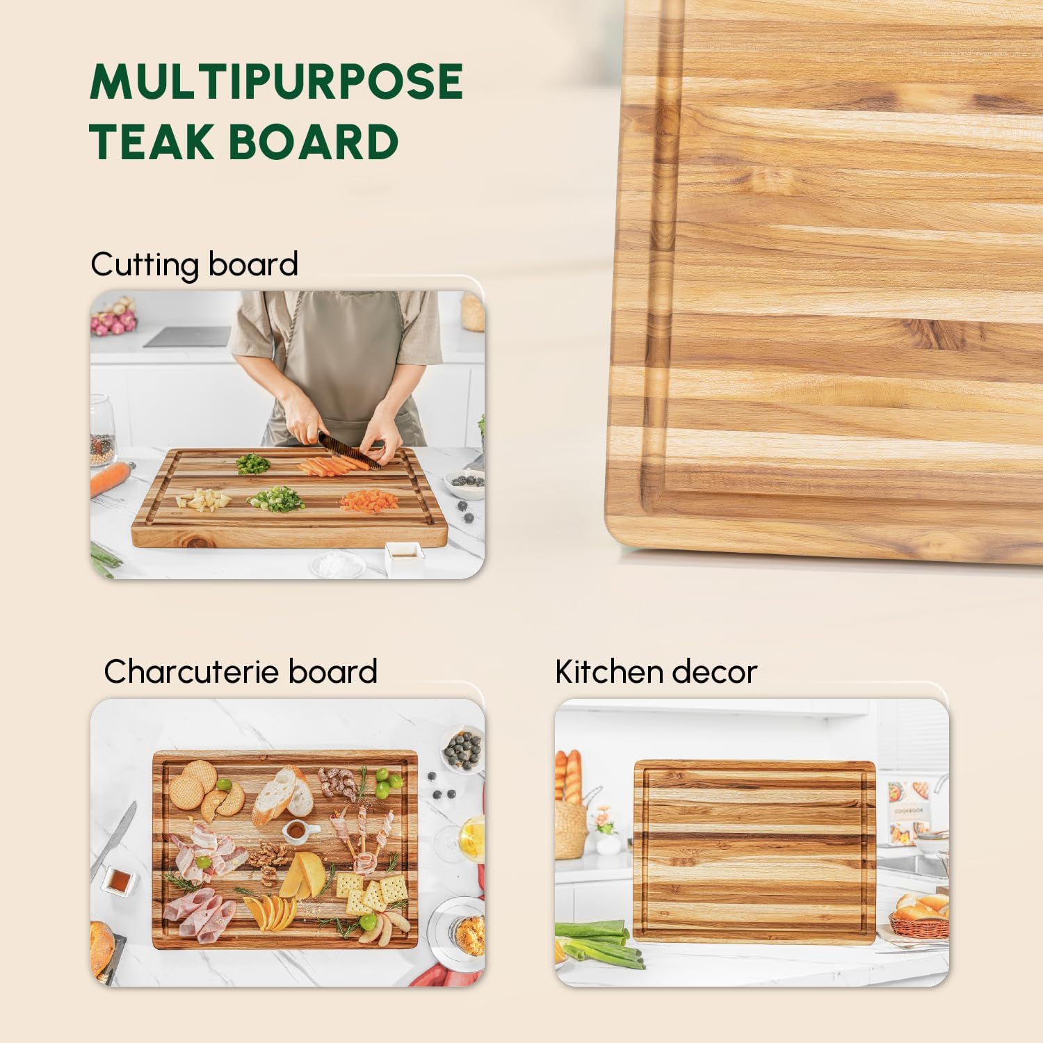 BEEFURNI Teak Wood Cutting Board with Juice Groove Hand Grip (M, 20x15x1.25"), Wooden Cutting Board for Kitchen, Butcher Block, Charcuterie Boards, Christmas Gifts, 1-year Manufacturer Warranty