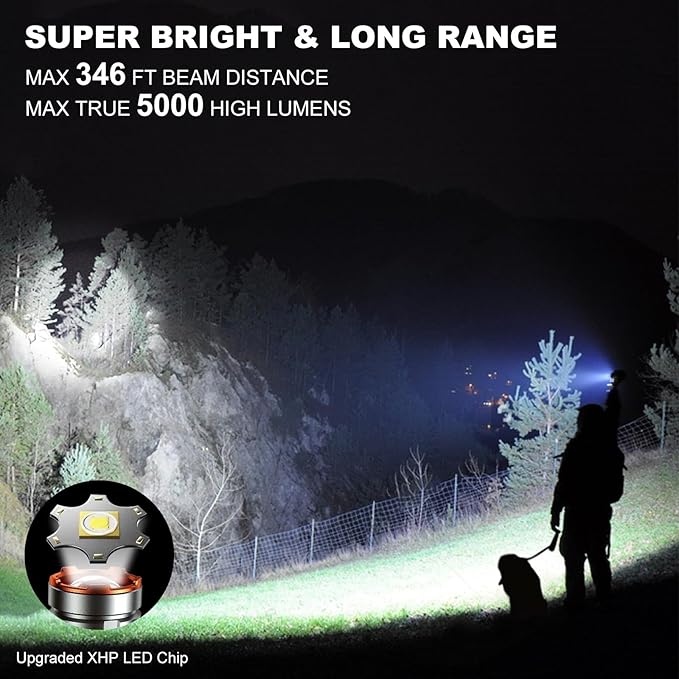 2 in 1 Rechargeable Flashlight 5000mAh All Aluminum Body Camping Lantern True 5000 Lumens Outdoor Camping Light , Zoomable LED Flash Light with Electric Lantern Failure Emergency Survival Kits