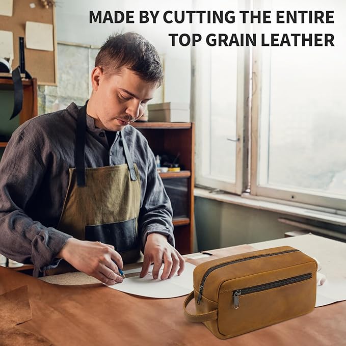 Ringsun Leather Travel Toiletry Bag for Men, Full Grain Leather Dopp Kit Shaving Bag Travel Organizer, Bourbon Brown