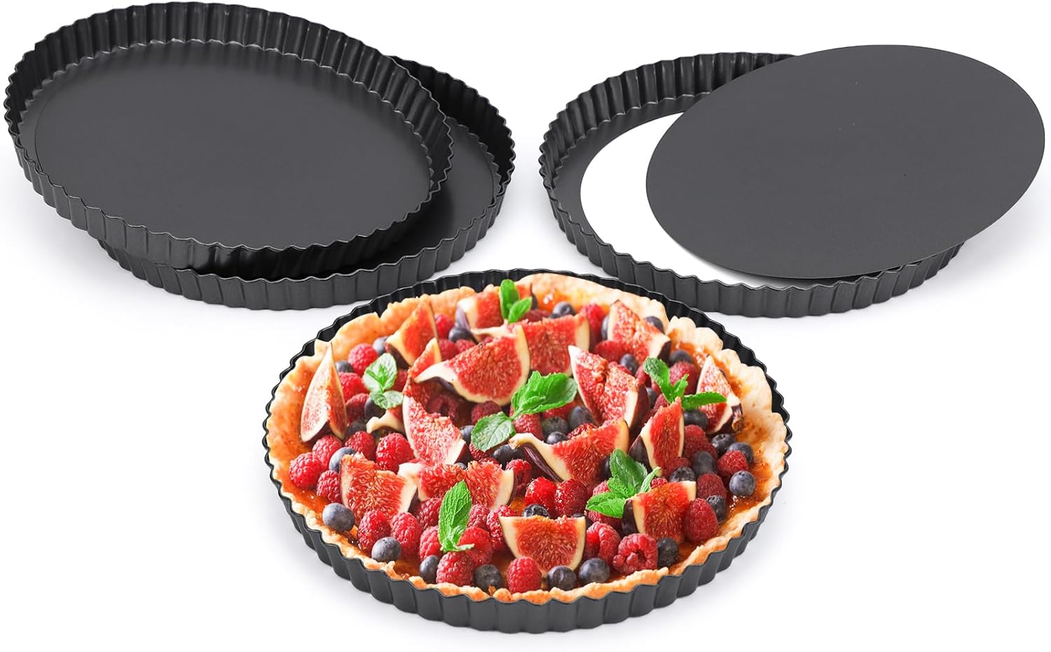 Beasea Tart Pan 9 Inch with Removable Bottom, 4pcs Nonstick Carbon Steel Round Quiche Pie Pans for Baking Tart Quiche Desserts