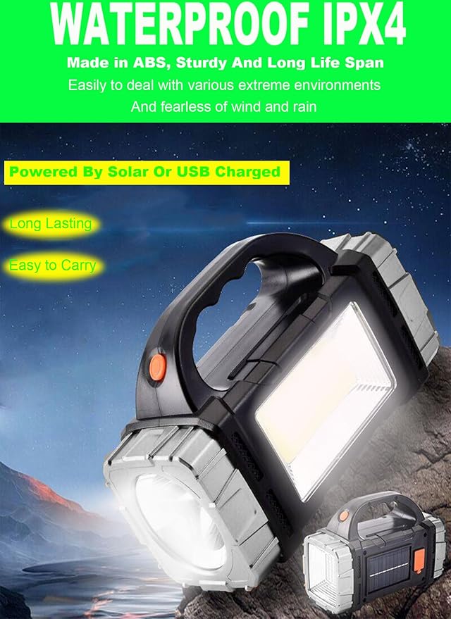 Solar Rechargeable LED Soptlight Flashlight, Super Bright 7000LM Handheld LED Searchlight, Multifunctional Camping Lantern Light, 8 Light Modes, Waterproof IPX4, Power Bank, for Emergency, Home