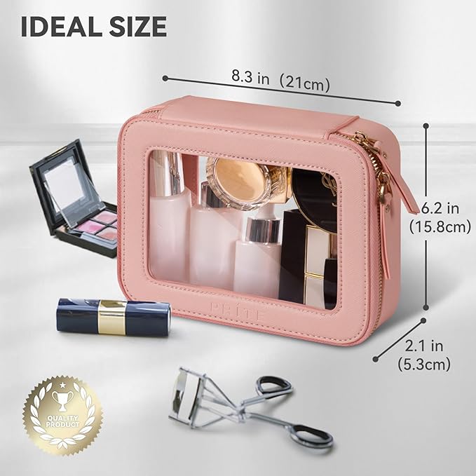 Prite Clear Makeup Bag Cosmetic Organizer Case Waterproof Travel Toiletry Bag Skincare Pouch with Golden Zipper(Pink)