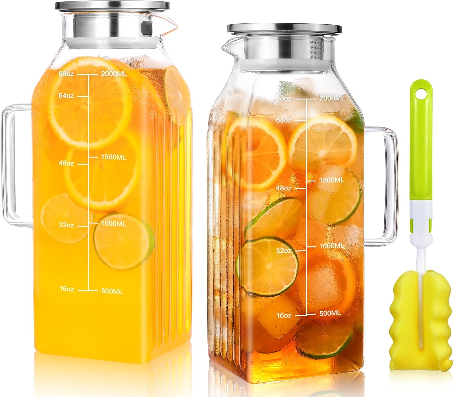2 Liters/68oz 2 Pack Square Glass Pitcher with Lid and Handle for Bridge Door, Aofmee Borosilicate Glass Heat Resistant Dishwasher Safe Iced Tea Jar, Carafe with Scale Line for Hot/Cold Beverage