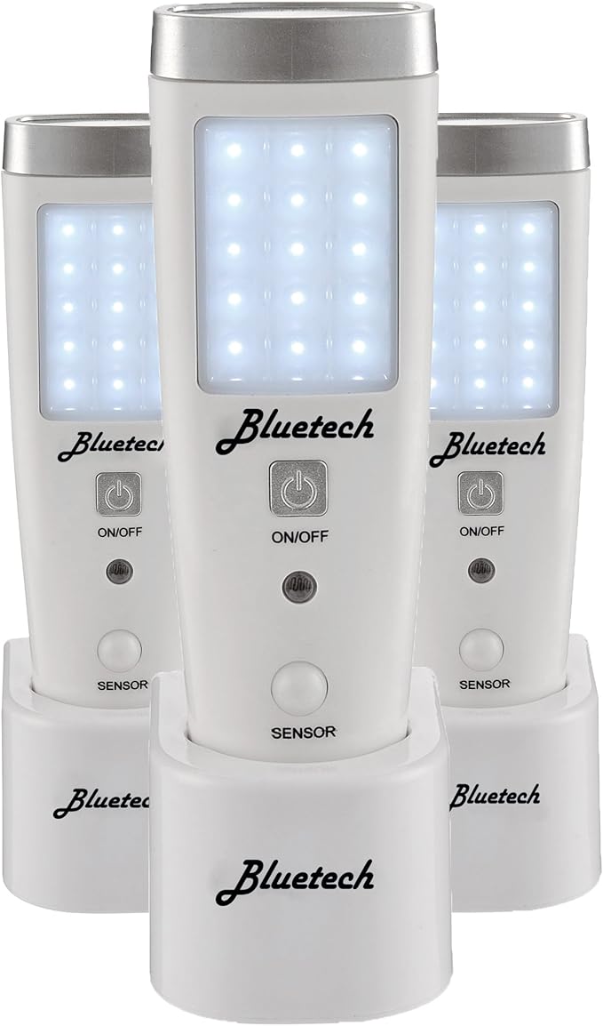 BLUETECH Avalon LED Flashlight Night Light for Emergency Preparedness, Portable Unit with Motion Detection,Power Failure Light, ETL Approved Blackout Light- 3 Pack, White