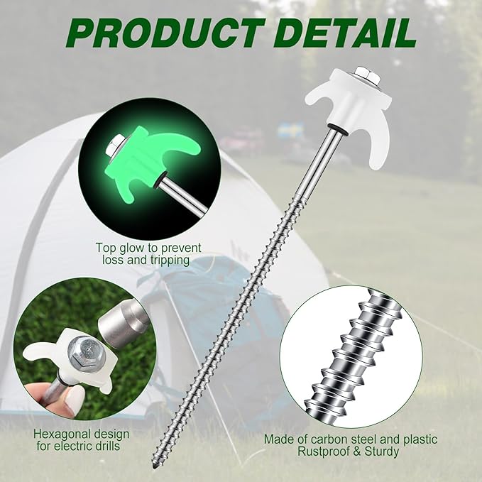 40 Pcs 8" Screw in Tent Stakes Heavy Duty Tent Stakes Drillable Ground Anchors Screw Metal Tent Pegs Threaded Tent Spikes with Head Driver for Swing Inflatable Decor (Illuminant White)