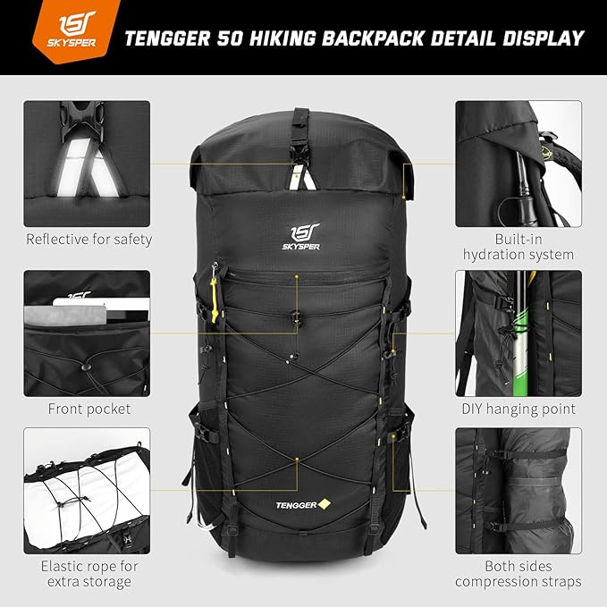 SKYSPER Hiking Backpack, 50L/60L Backpacking Backpack for Camping Travel, Lightweight Waterproof Outdoor Pack for Men Women