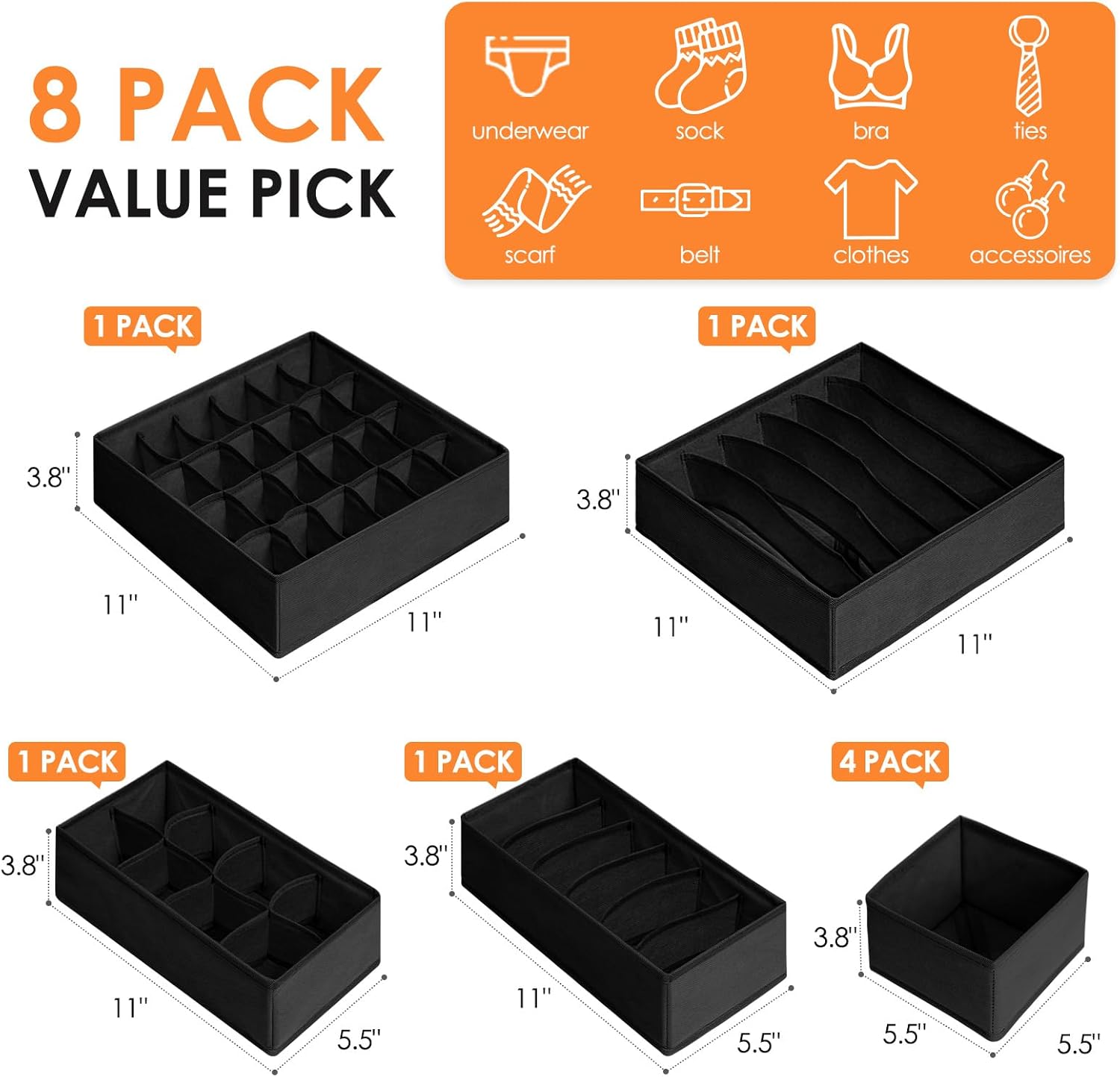 Drawer Organizer Clothes, 8 Pack Dresser Organizer Bins for Baby Clothes, Underwear Sock, Fabric Closet Organization and Storage Dividers for Nursery Bedroom (48 Compartments, Black)