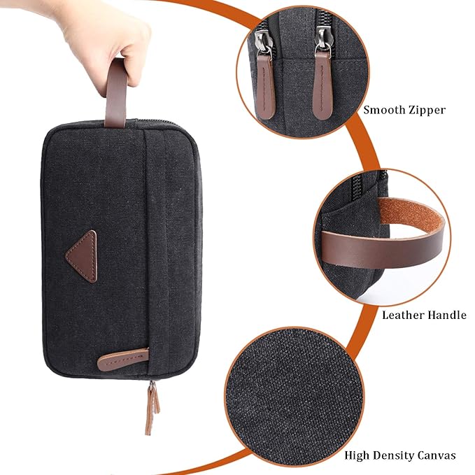 Mactso Mens Travel Toiletry Bag Canvas Leather Cosmetic Makeup Organizer Shaving Dopp Kits with Double Compartments (Black)