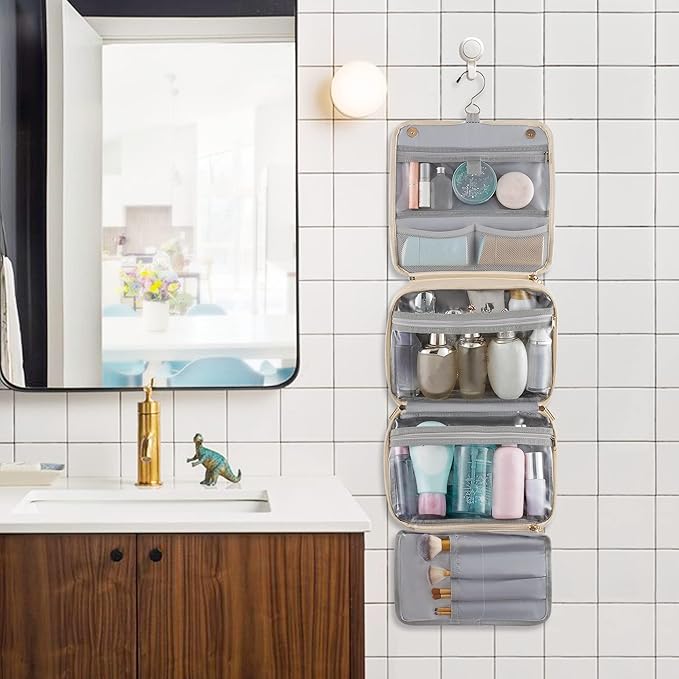 Elviros Hanging Travel Toiletry Bag for Women, 3-in-1 Large Makeup Bag and Cosmetic Organizer, Vegan Leather Waterproof Skincare Case for Travel Size Toiletries and Accessories