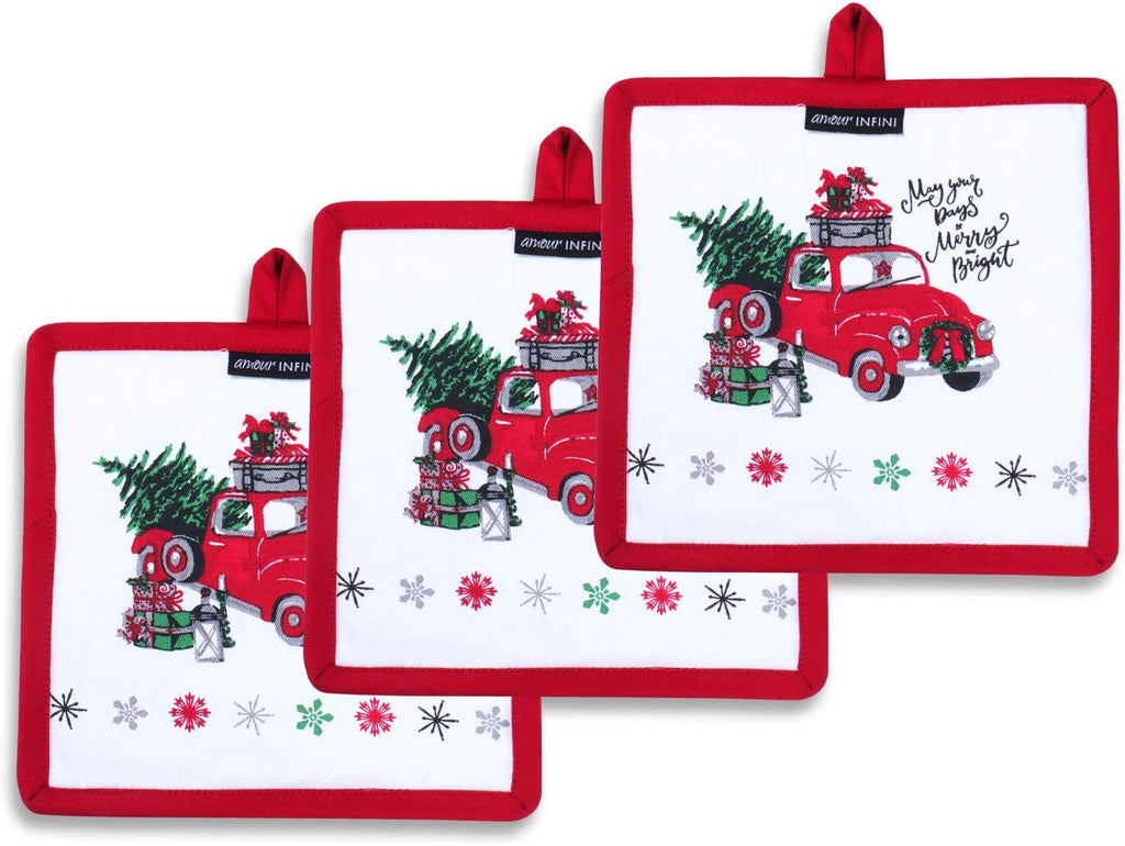 AMOUR INFINI Heat Resistant Pot Holders 100% Cotton Set of 3 Unique Merry Christmas Design 8x8 Inches|Nonslip Hot Pads for Kitchen Baking Cooking Outdoor BBQ Party|Thanksgiving Christmas Festive Gift
