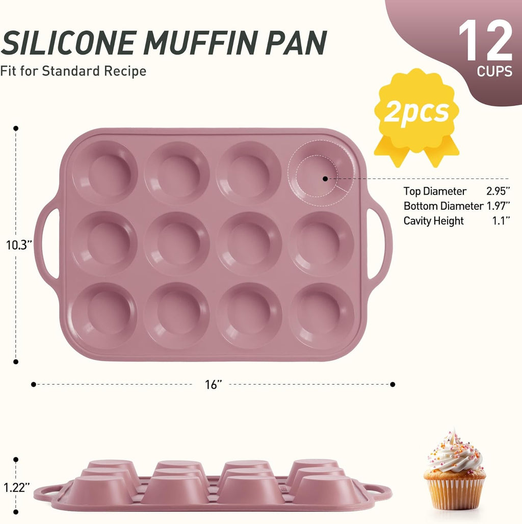 2 Packs 12 Cups Silicone Muffin Pan with Metal Reinforced Frame Regular Size Cupcake Pan Tray Egg Bites Silicone Circle Cookie Molds Muffin Tin Tart Pans Baking Sheet Set for Breakfast Sandwiches