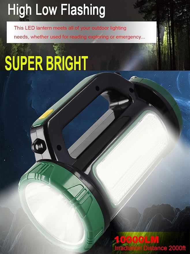 LED Searchlight Spotlights Lantern, Solar Rechargeable Super Bright 10000LM Handheld LED Flashlight, Multifunction Camping Lantern Work Light, 6 Light Modes, Waterproof, Power Bank