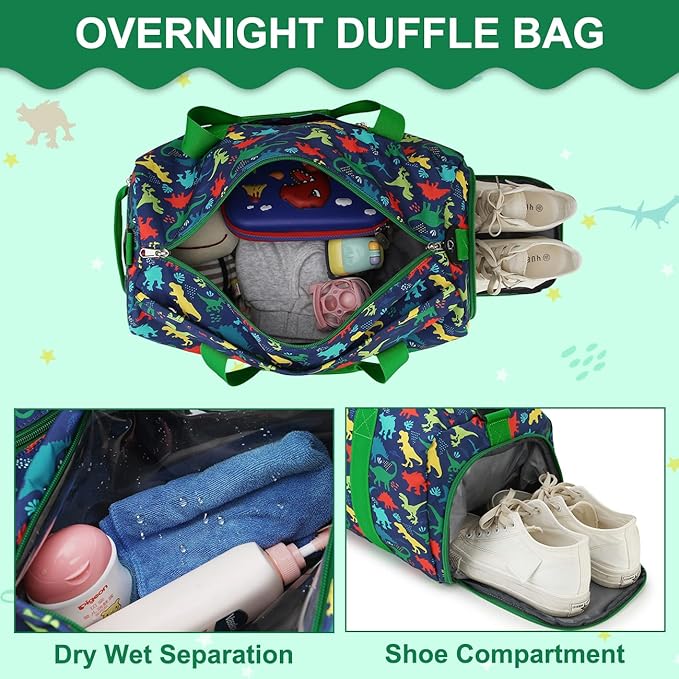 RAVUO Water Resistant Kids Duffel Bag - Overnight Sports Weekender Gym Carry-On Tote Travel Shoulder Bag for Boys with Shoe Compartment and Wet Pocket